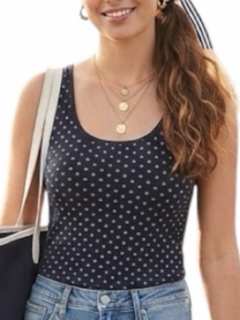 GAP Stretch Polka Dot Scoop Neck Tank Top Navy Blue Medium Preppy Neutral